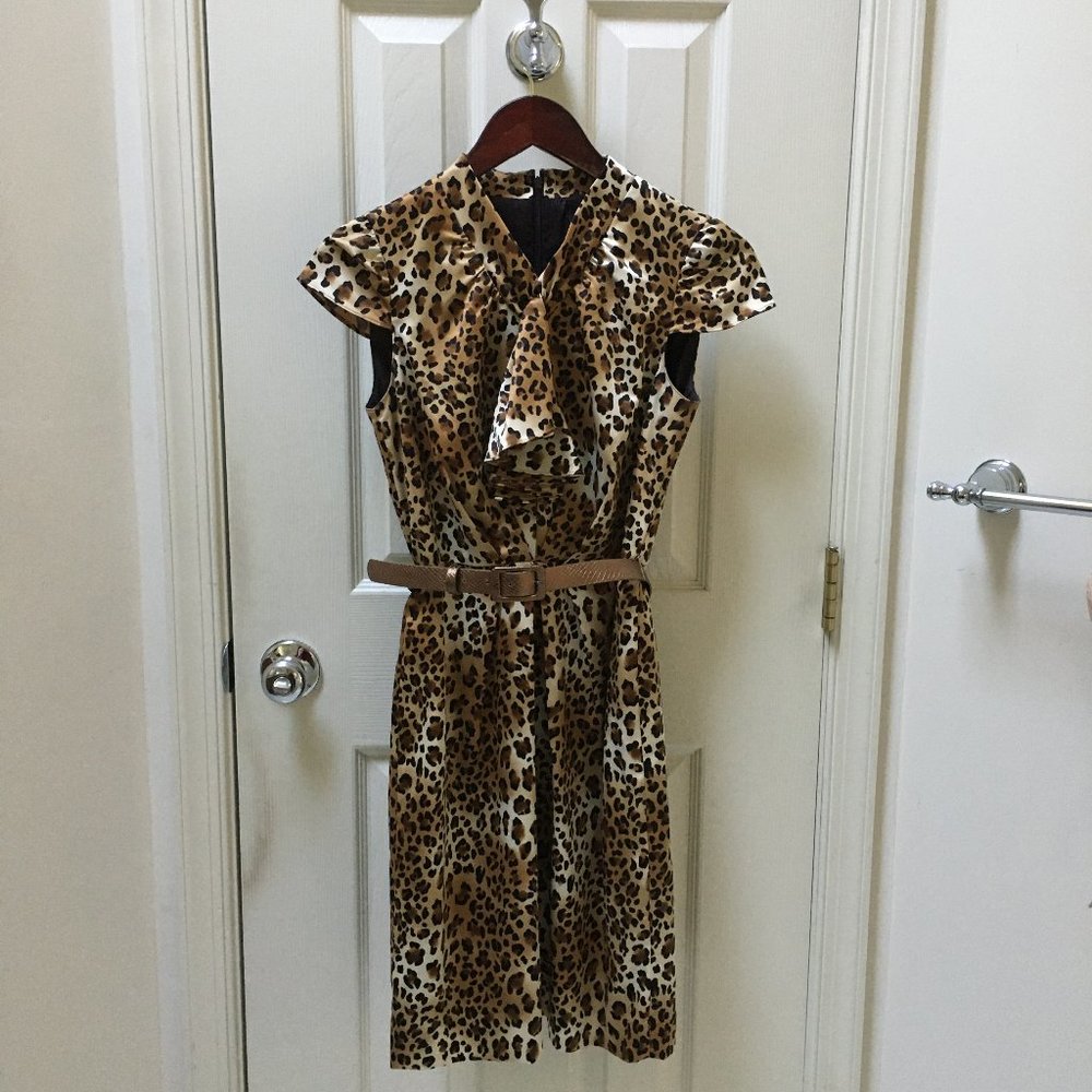 Tahari Belted Cheetah Print Ruffle Dress Size 2P